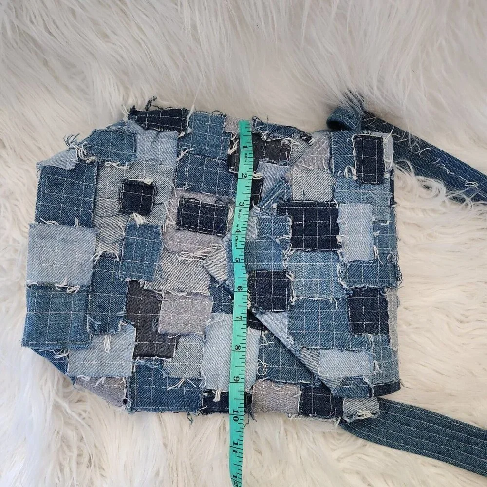 Denim Canvas Patchwork Crossbody Shoulder Bag Y2K Upcycle Bucket Boho Hippie‎ - Picture 11 of 14